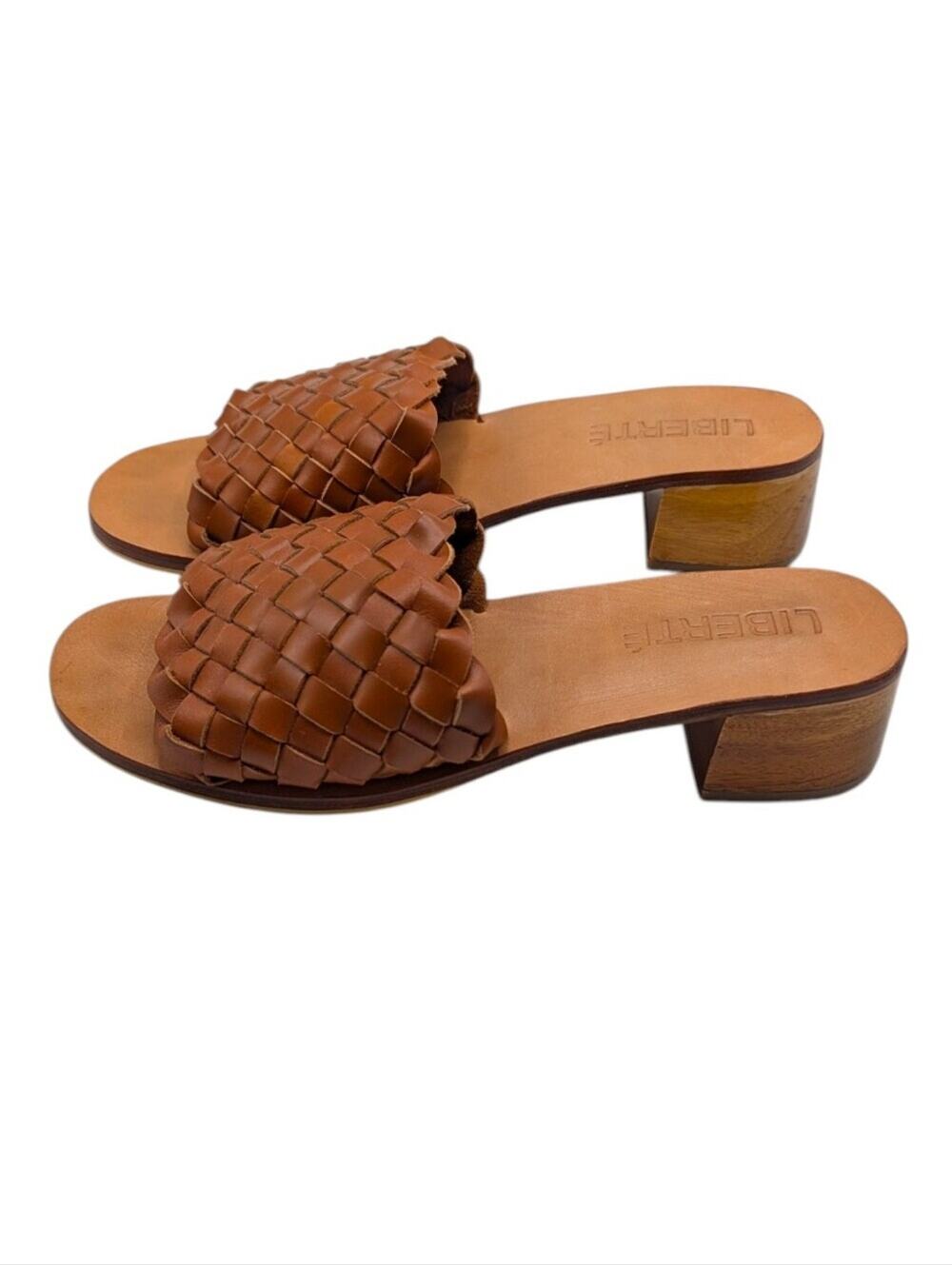 Liberte Santorini Leather Woven Mule Cognac Brown Block Heel Sandal 9